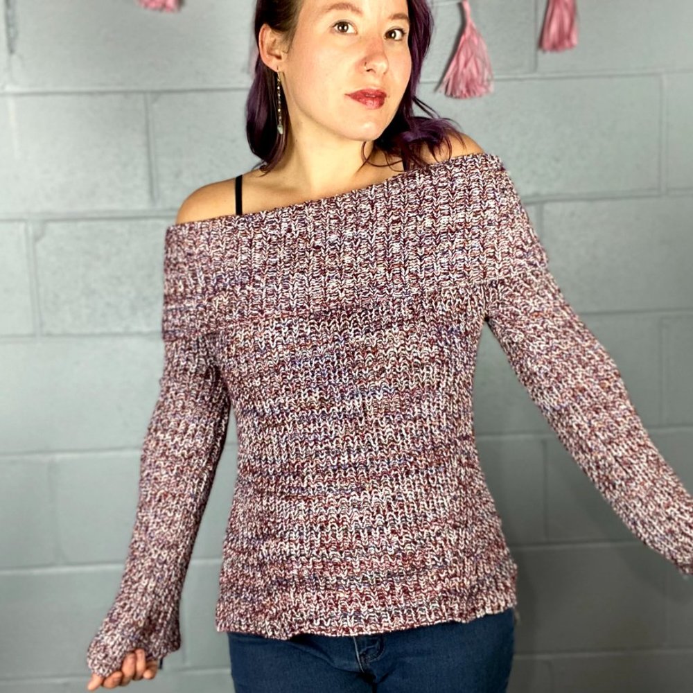 Purple Braided Bell Sleeve Fold Over Neck Sweater